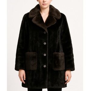 Vintage 50s Borgazia Faux Fur Over Coat Women Black Collar Deep Pile Made in USA